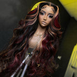 SULMY Burgundy With Blonde Highlights Wavy Wigs 100% Human Hair