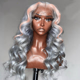 SULMY Silver Human Hair Wig With Pink Streak In Front