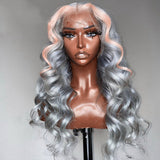 SULMY Silver Human Hair Wig With Pink Streak In Front