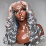 SULMY Silver Human Hair Wig With Pink Streak In Front