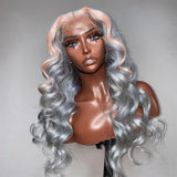 SULMY Silver Human Hair Wig With Pink Streak In Front